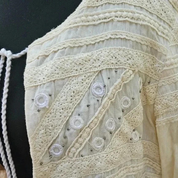 Embroidered Embellished Hippie BOHO Kimono Tie Front Prairie Shrug Cream Medium - Picture 6 of 13